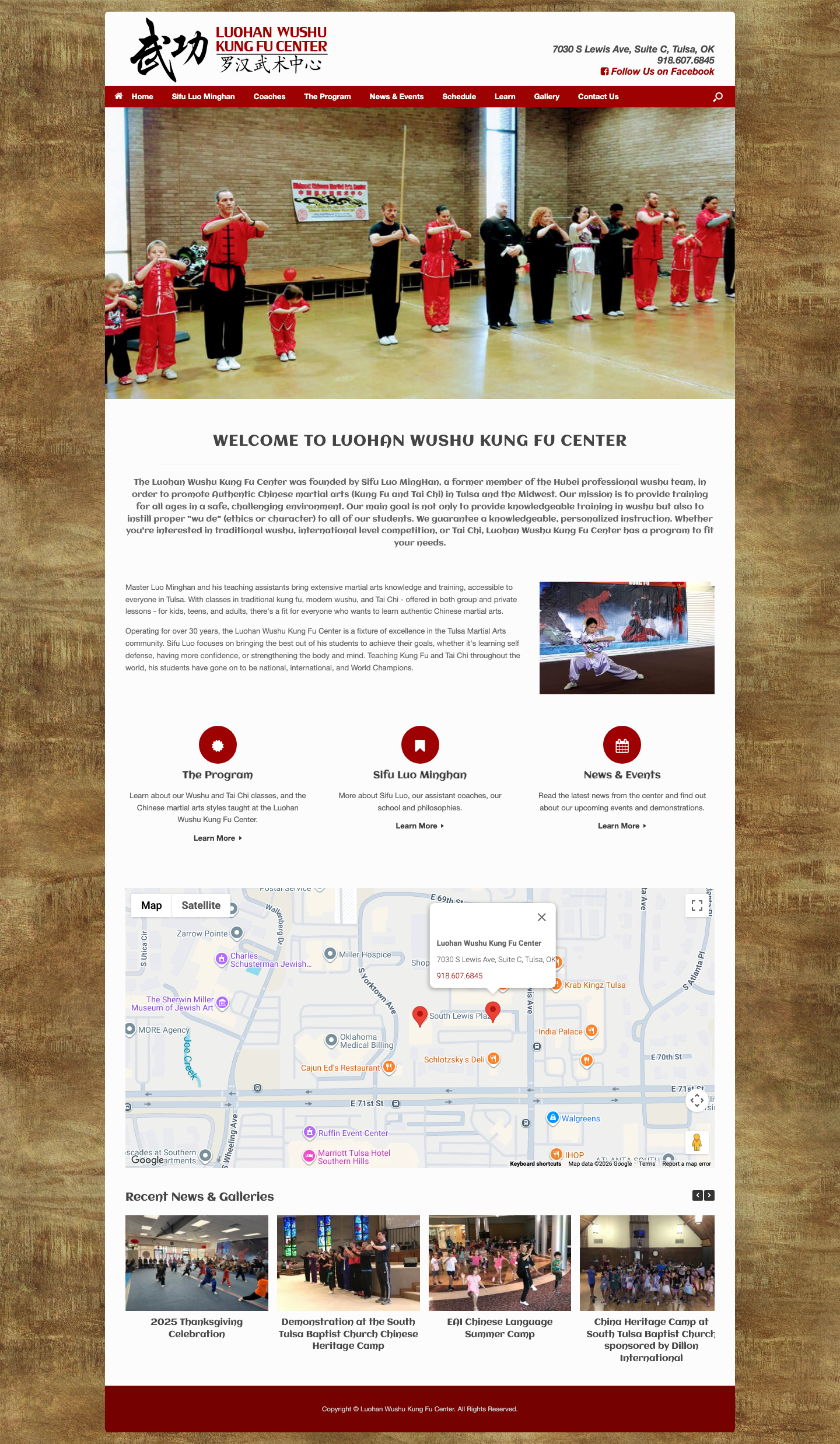 Luohan Wushu Kung Fu Center homepage, showing the logo, red menu bar, a class photo, welcome text and a map