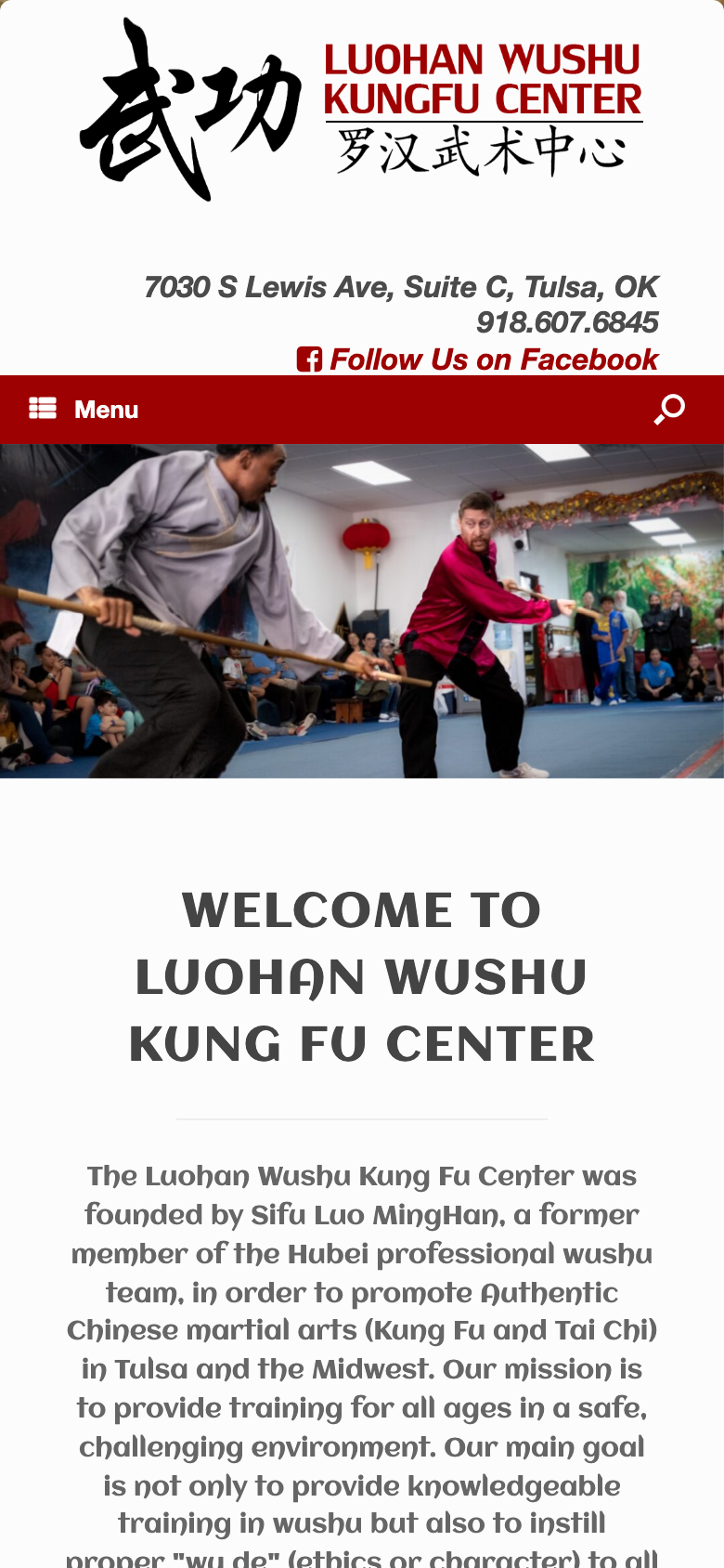 Luohan Wushu Kung Fu Center homepage on a phone, showing the logo, address block, menu bar, a sparring photo and the welcome heading
